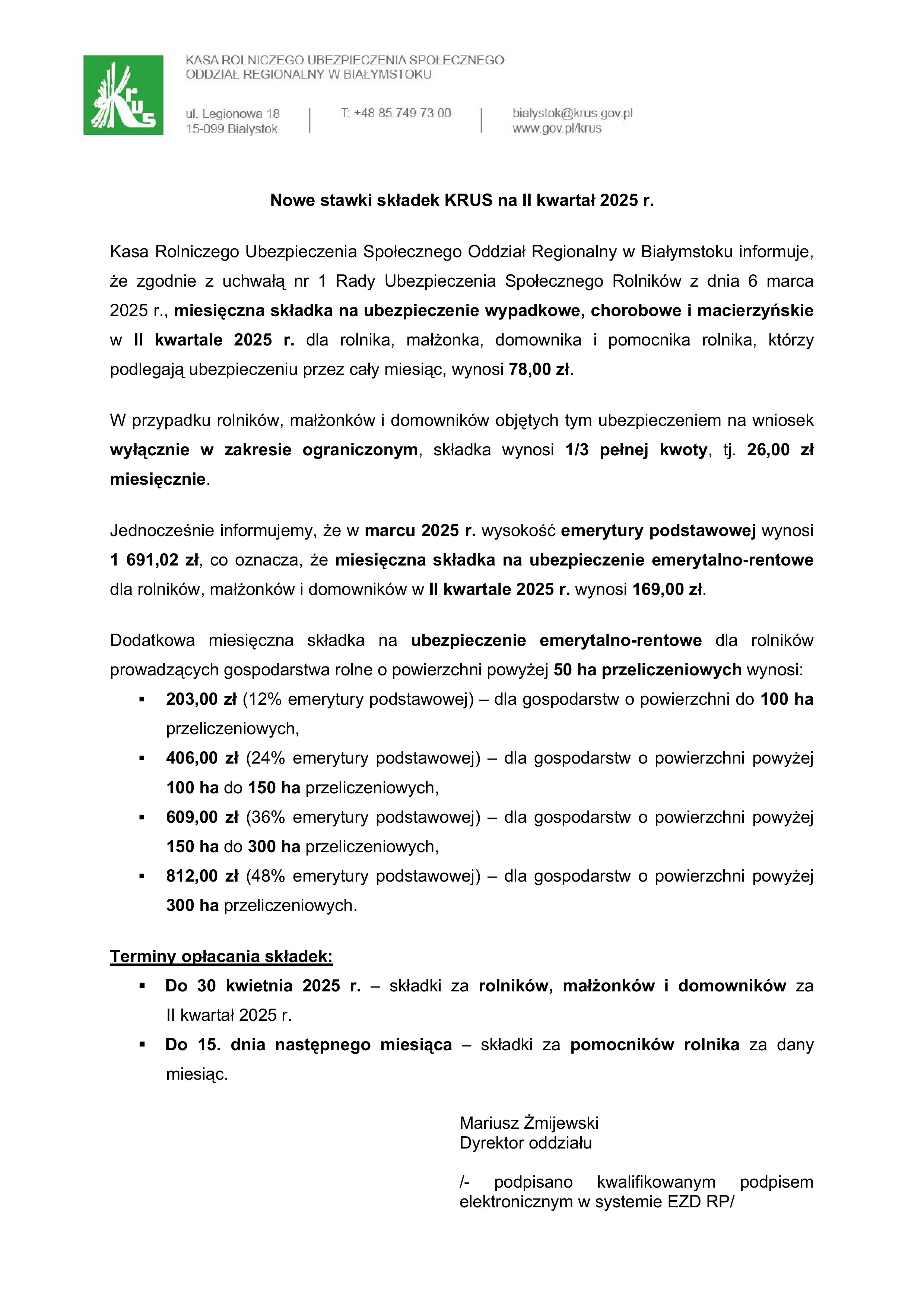 Informacja o składkach