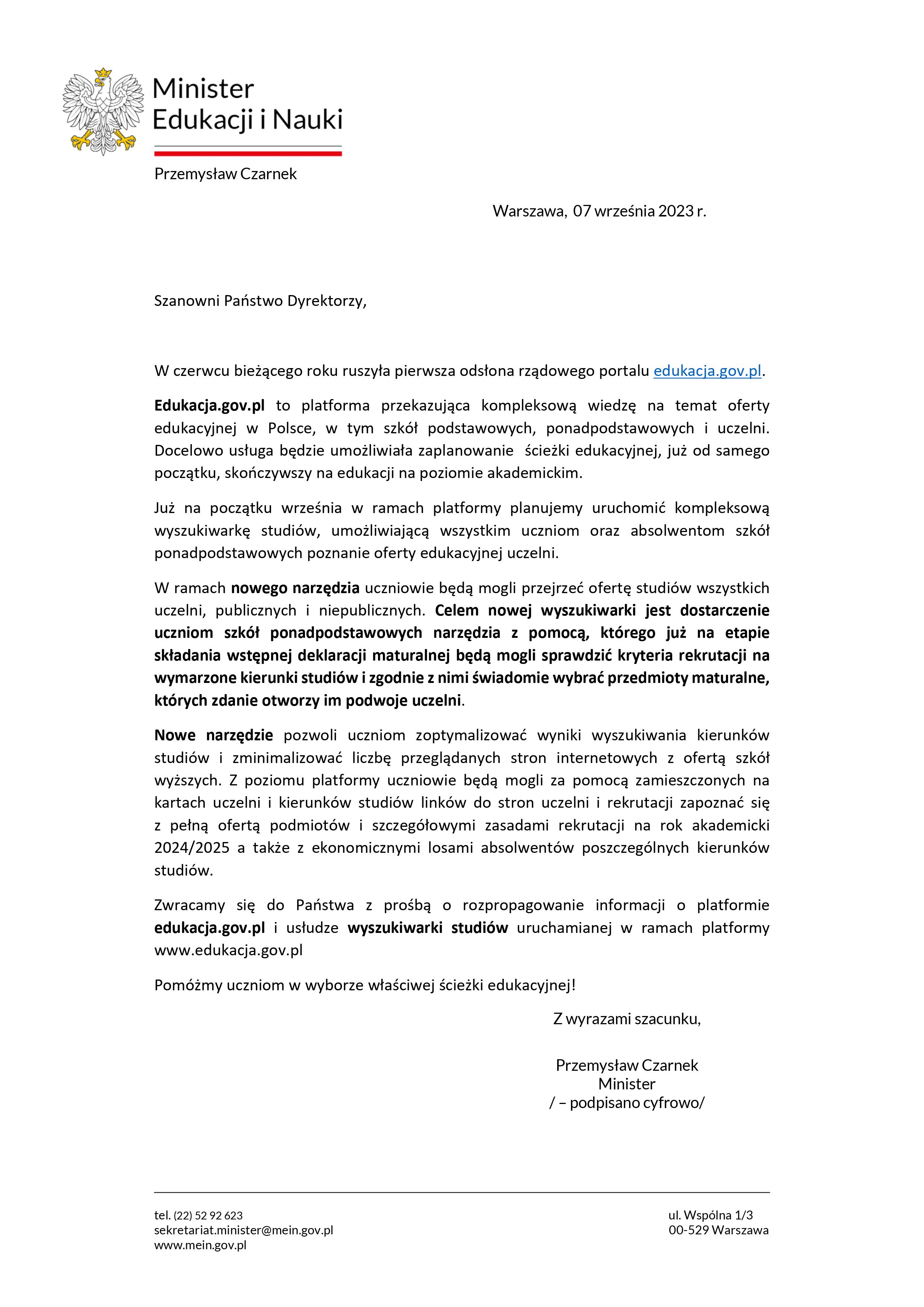 Pismo Ministra Edukacji i nauki