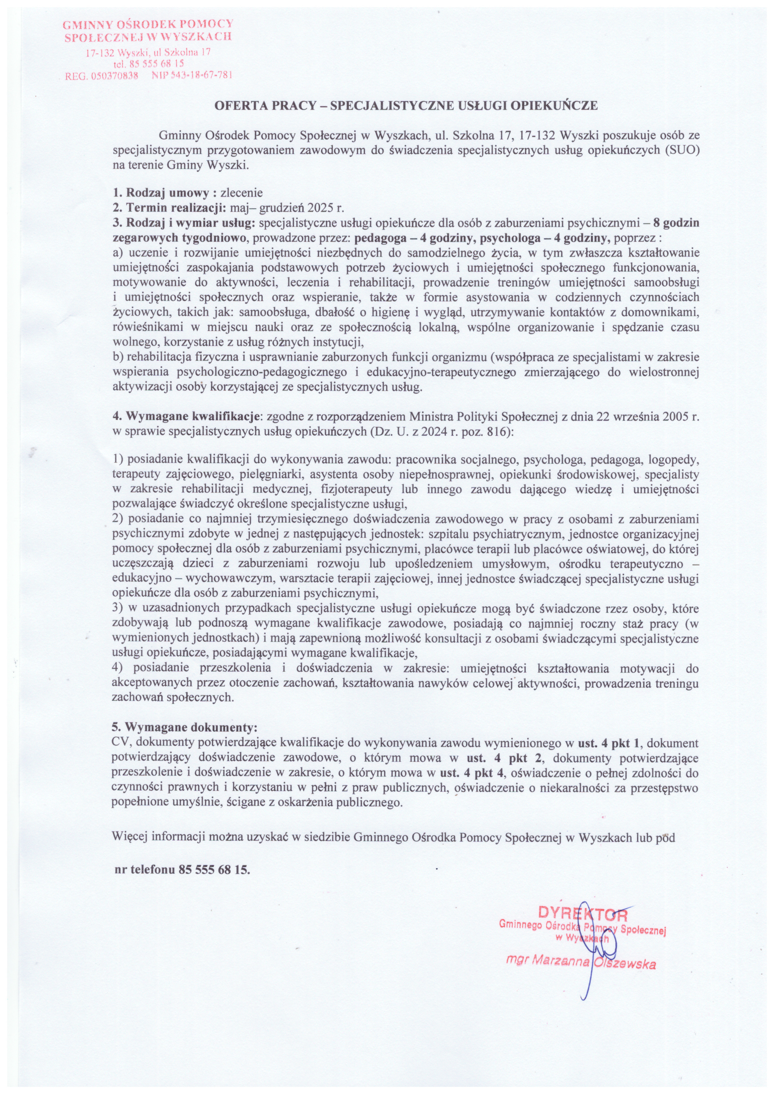 oferta pracy specjalistyczne usługi opiekuńcze 2025